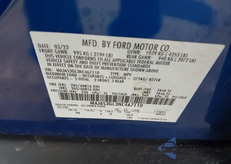 2022 Ford Ecosport Se z USA, uszkodzony, nr VIN MAJ6S3GL3NC467110